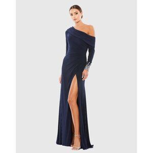 Mac Duggal Womens 14 Navy 12231 Beaded Cuff Drop Shoulder Wrap Formal Gown Dress